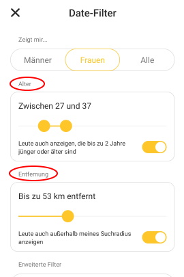 Sucheinstellungen für Alter und Entfernung in der Bumble-App
