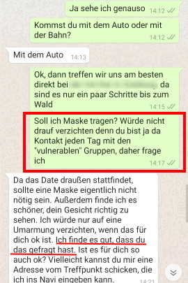 WhatsApp-Chat, in dem Corona-Date besprochen wird