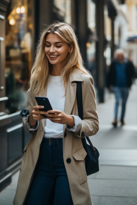 Lächelnde Frau läuft mit Smartphone durch die Stadt