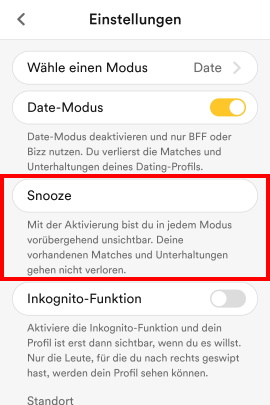 Snooze-Funktion in Bumble aktivieren