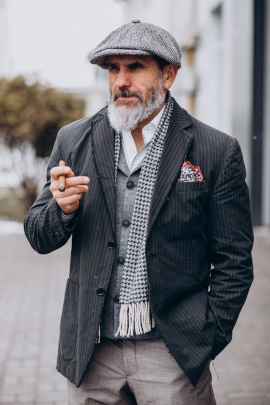 Bärtiger alter Mann steht lässig in der Stadt und raucht Zigarre